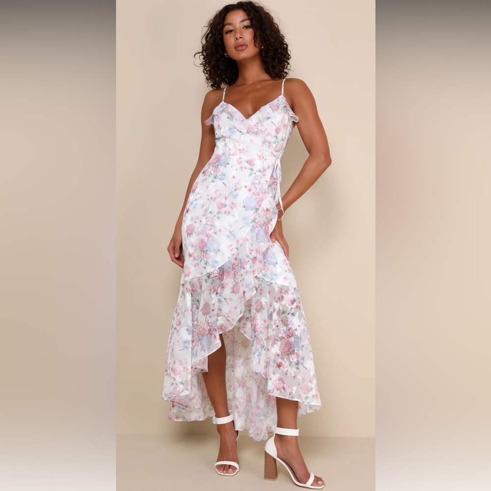 Lulus Blissful White Floral Print High-Low Wrap Maxi Dress